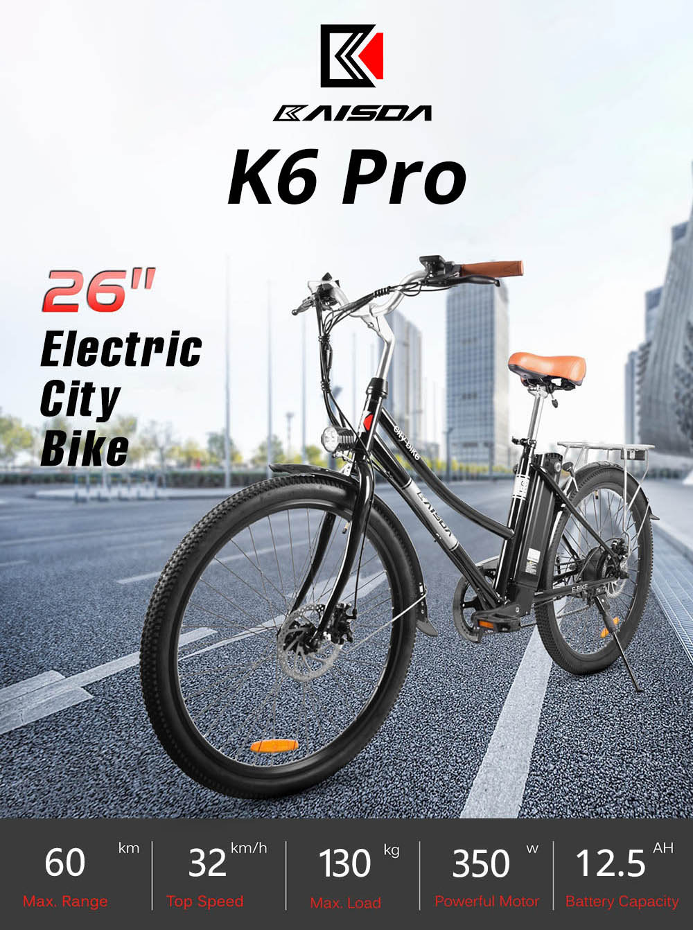 KAISDA K6 Pro Electric City Bike 26 Inch 36V 12.4Ah 350W Motor 32Km/h Max Speed Shimano 7-Speed E-bike IP54 Waterproof LED Light - White 4 KAISDA K6 Pro Electric City Bike 26 Inch 36V 12.4Ah 350W Motor 32Km/h Max Speed Shimano 7-Speed E-bike IP54 Waterproof LED Light - White