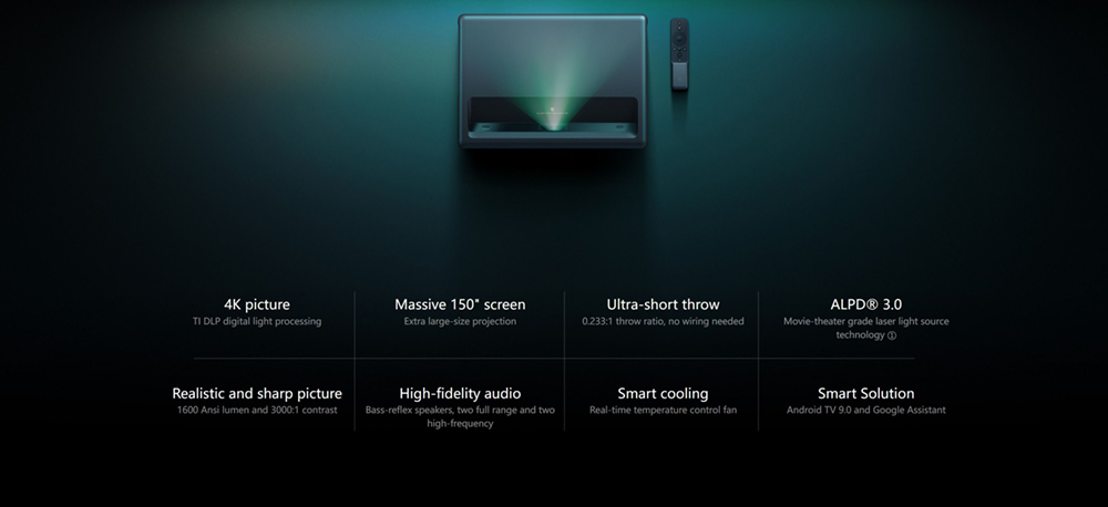 Xiaomi Mi 4K UHD Projector, Android TV 9.0, Dolby DTS, ALPD 3.0, 1300LM, 150in Projection, 16GB Storage, 5G WiFi, Global Version