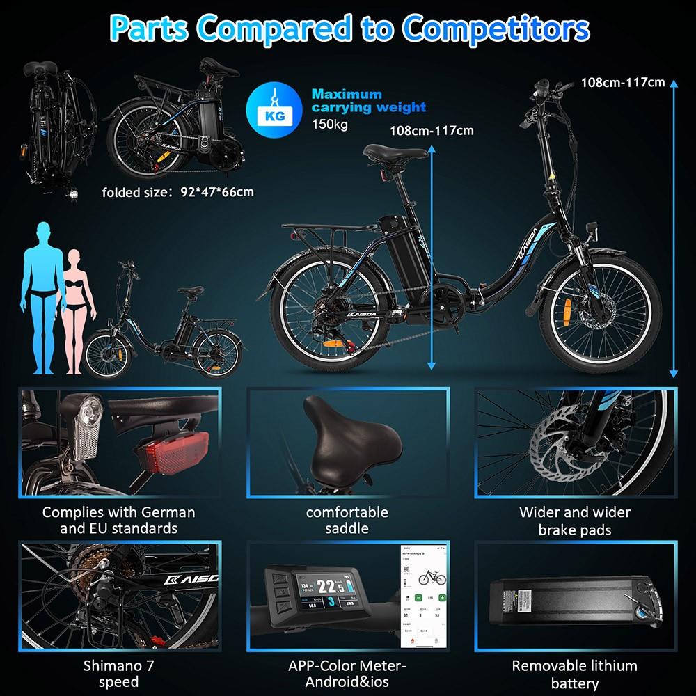 KAISDA K7 20*1.95 palcov pneumatiky Skladací elektrický moped horský bicykel 350W motor SHIMANO 21-rýchlostný APP Control - čierny