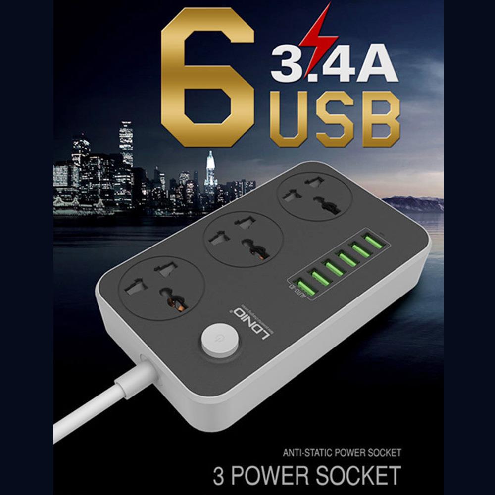 LDNIO SC3604 Power Strip Socket with 3-pin UK Plug and Fuse, 6 USB Charging Ports Wiring Board, 3 Power Socket Ports