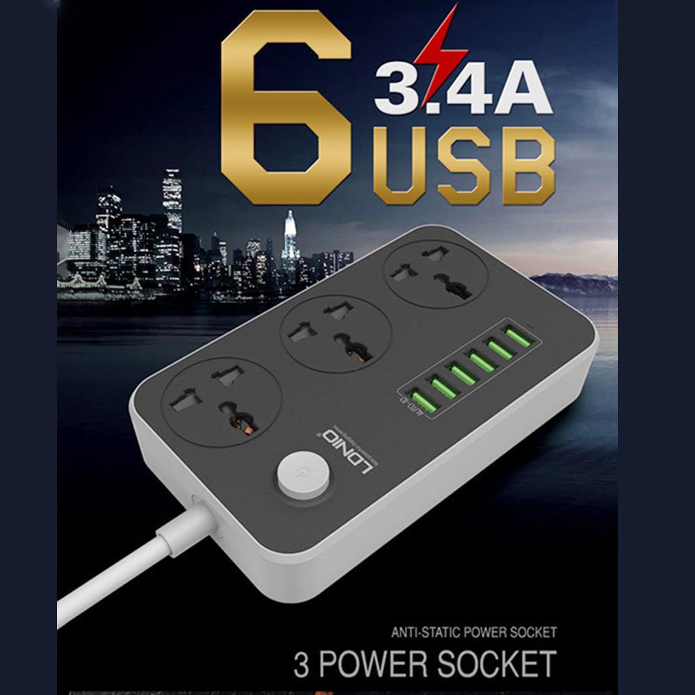 LDNIO SC3604 Power Strip Socket with 3-pin US Plug, 6 USB Charging Ports Wiring Board, 3 Power Socket Ports