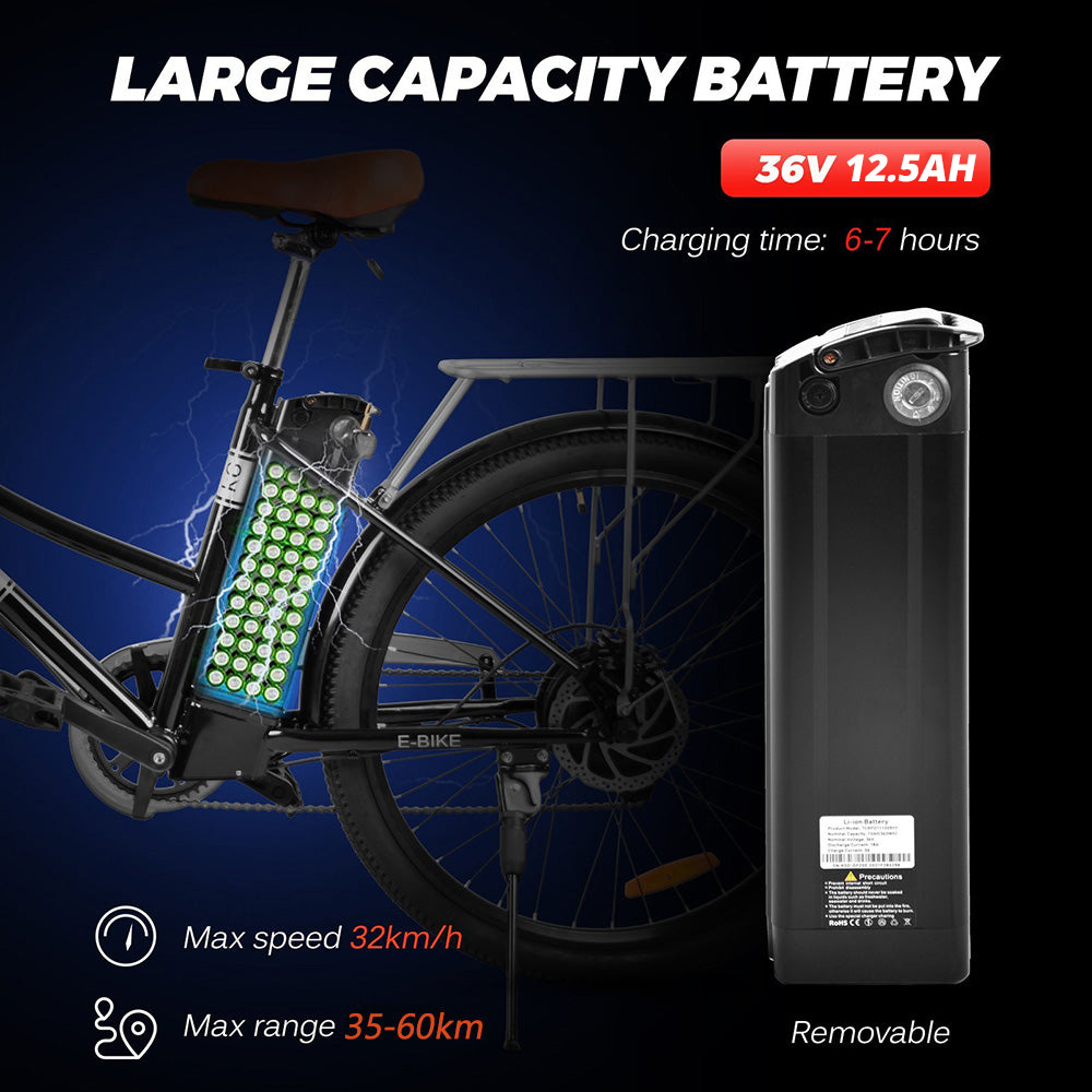 KAISDA K6 Pro Electric City Bike 26 Inch 36V 12.4Ah 350W Motor 32Km/h Max Speed Shimano 7-Speed E-bike IP54 Waterproof LED Light - Black