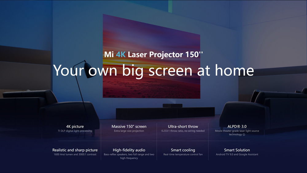 Xiaomi Mi 4K UHD Projector, Android TV 9.0, Dolby DTS, ALPD 3.0, 1300LM, 150in Projection, 16GB Storage, 5G WiFi, Global Version
