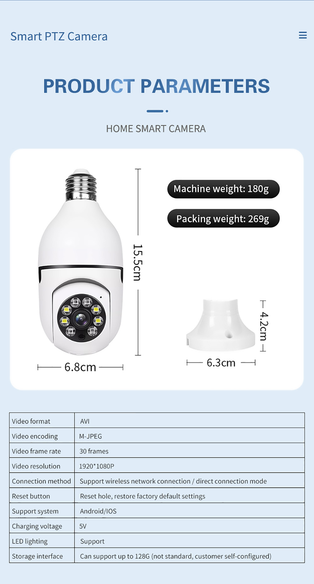 A6 1080P HD Bulb Illuminated Camera, 360 Degree Rotatable, WiFi Wireless Smart Safe Camera, Full Color Night Vision, 2-way Voice - White