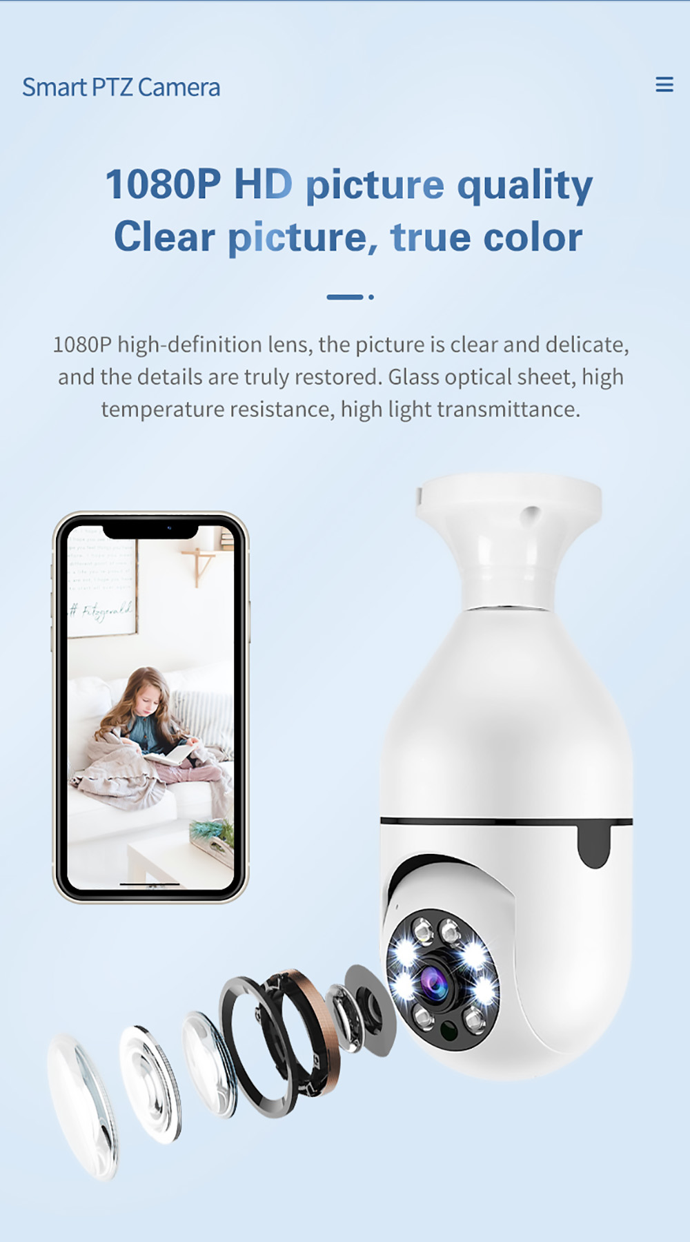 A6 1080P HD Bulb Illuminated Camera, 360 Degree Rotatable, WiFi Wireless Smart Safe Camera, Full Color Night Vision, 2-way Voice - White