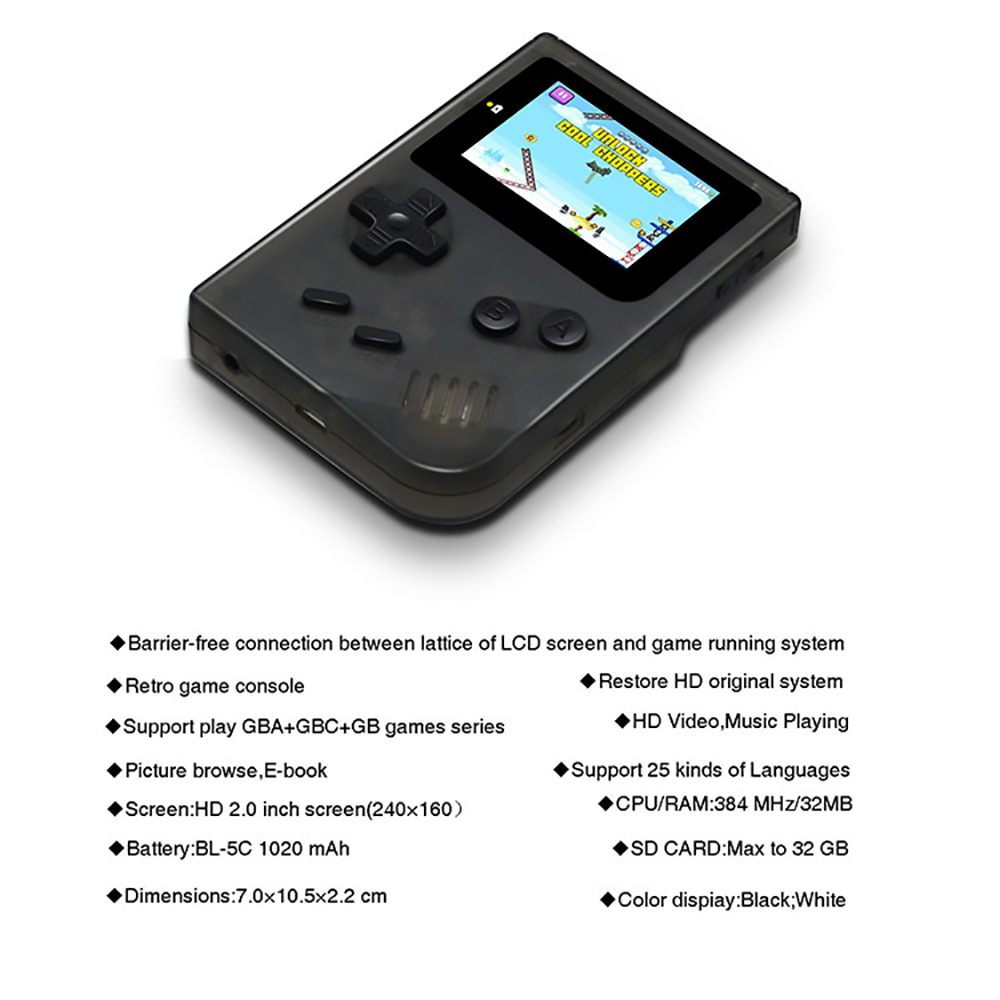ANBERNIC Retro Mini Handheld Game Console 2.0 inch Screen 256MB Memory 169 Built-in Games - Transparent Black