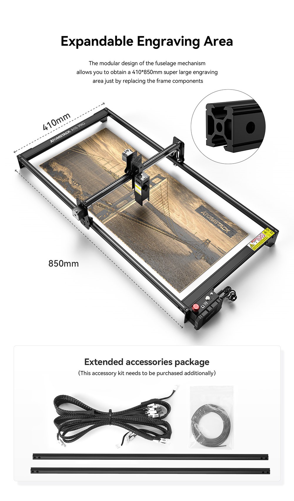 ATOMSTACK A10 Pro Laser Engraver Cutter, 10W Laser Power, 50W Electric Power, Fixed-Focus, Dual Compression Spot, Offline Engraving, Panoramic Glass Eye Protection, 410x400mm