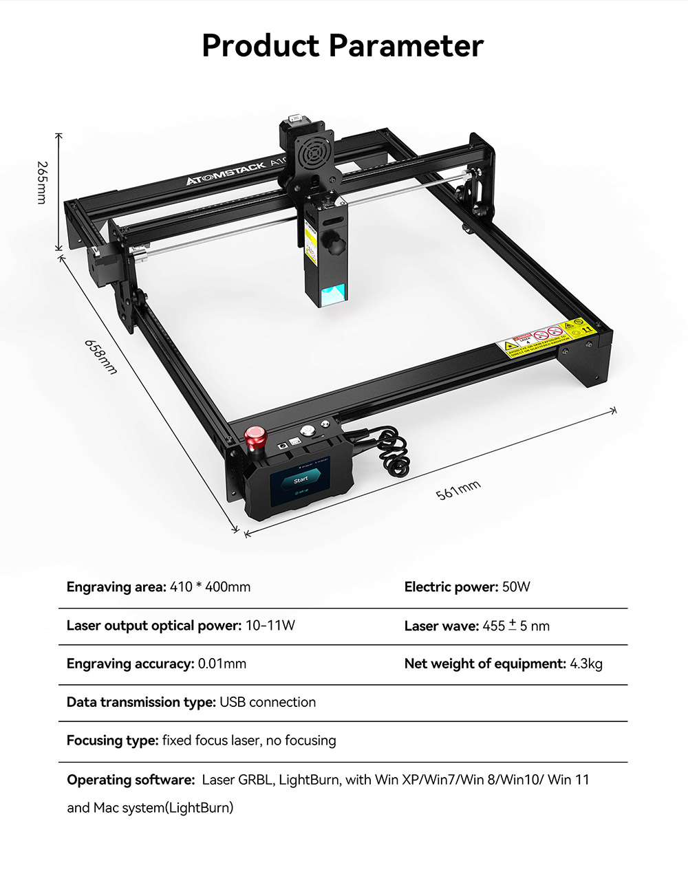 ATOMSTACK A10 Pro Laser Engraver Cutter, 10W Laser Power, 50W Electric Power, Fixed-Focus, Dual Compression Spot, Offline Engraving, Panoramic Glass Eye Protection, 410x400mm