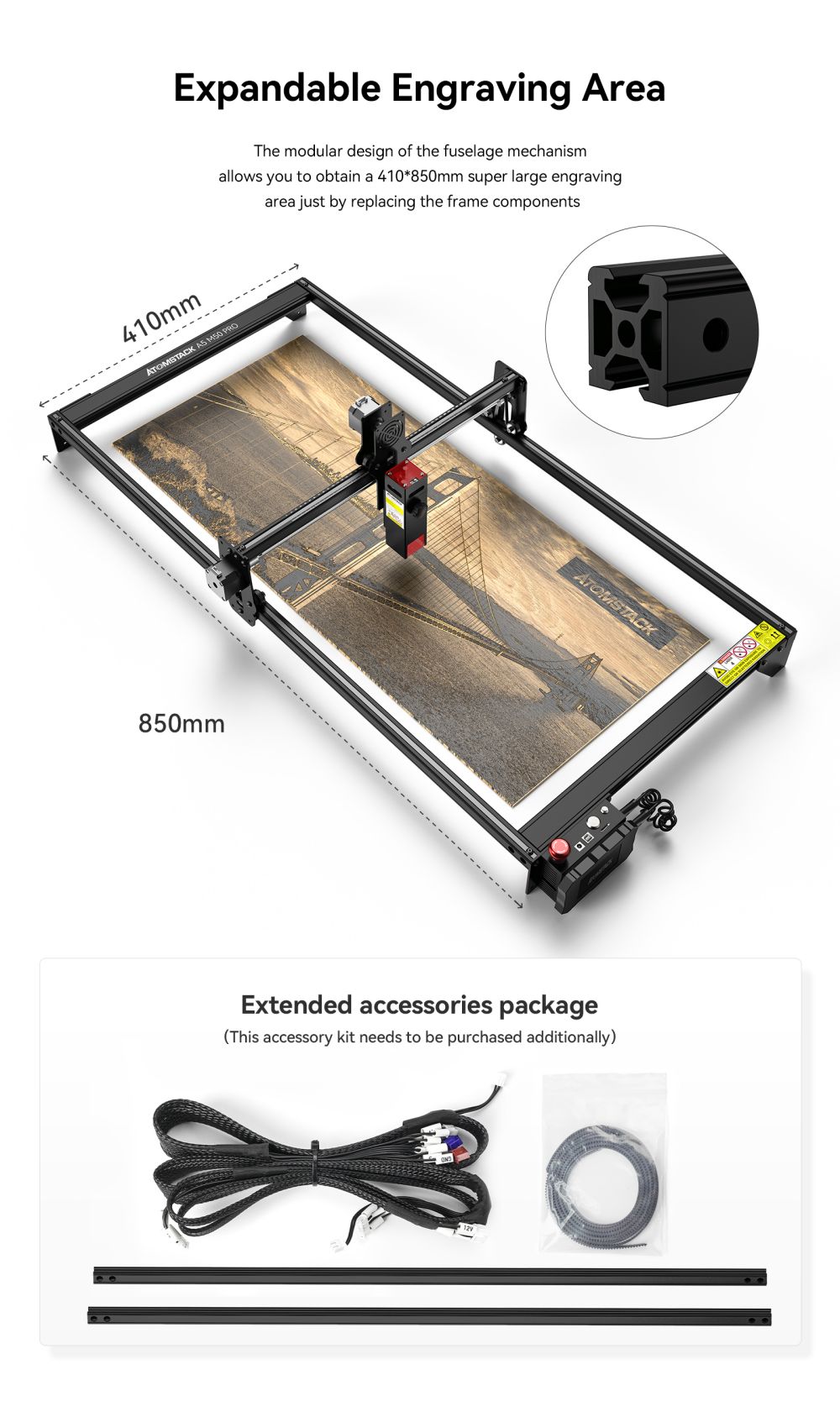 ATOMSTACK A5 M50 Pro Laser Cutter Engraver, 5-5.5W Laser Power, 40W Electric Power, Fixed Focus, Quadruple Lens Compression Spot, Offline Engraving, Cut 20mm Wood, 410x400mm