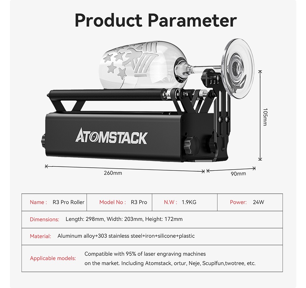 ATOMSTACK R3 Pro Rotary Roller with Separable Support Module and Extension Towers, 360 Degree Laser Rotating Engrave Irregular Cylinders