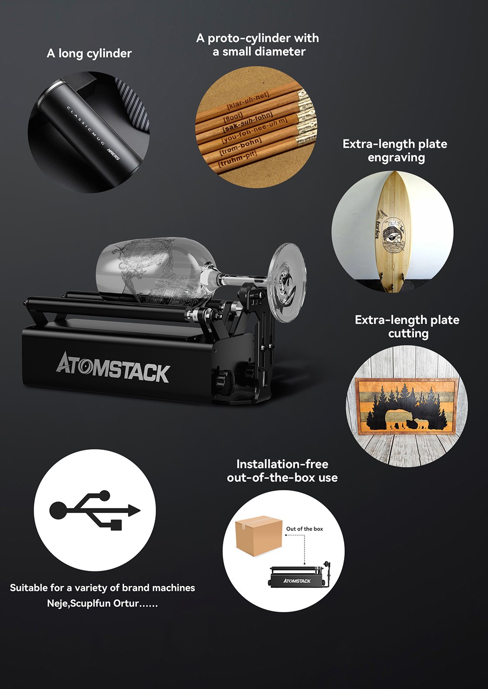 ATOMSTACK R3 Pro Rotary Roller with Separable Support Module and Extension Towers, 360 Degree Laser Rotating Engrave Irregular Cylinders