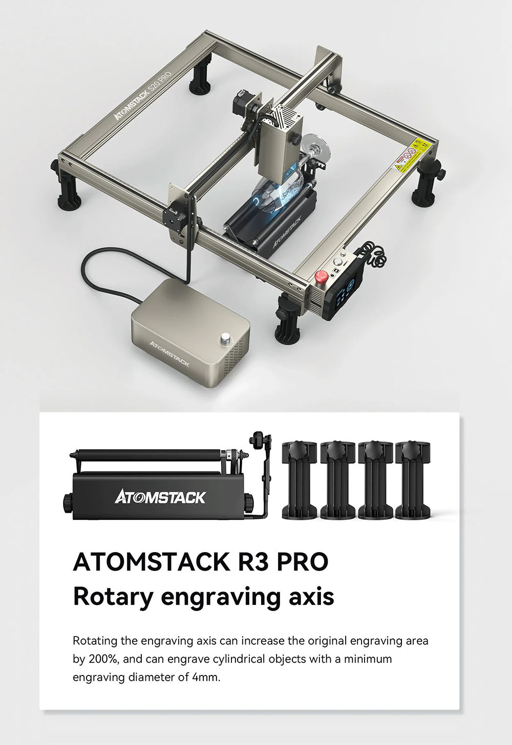 ATOMSTACK S20 Pro 20W Laser Engraver Cutter with Air Assist Kits, Focus-Free, Quad-core Diode Laser, 0.08 x 0.1mm Compressed Spot, Offline Engraving, 400x400mm