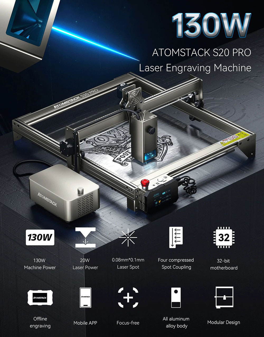 ATOMSTACK S20 Pro 20W Laser Engraver Cutter with Air Assist Kits, Focus-Free, Quad-core Diode Laser, 0.08 x 0.1mm Compressed Spot, Offline Engraving, 400x400mm