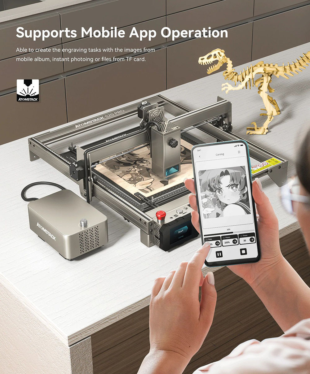 ATOMSTACK S20 Pro 20W Laser Engraver Cutter with Air Assist Kits, Focus-Free, Quad-core Diode Laser, 0.08 x 0.1mm Compressed Spot, Offline Engraving, 400x400mm