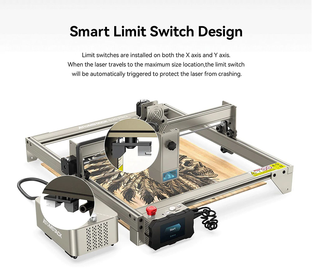 ATOMSTACK S20 Pro 20W laserová gravírovacia fréza so súpravami Air Assist, bez zaostrovania, štvorjadrový diódový laser, 0.08 x 0.1 mm stlačený bod, gravírovanie offline, 400 x 400 mm