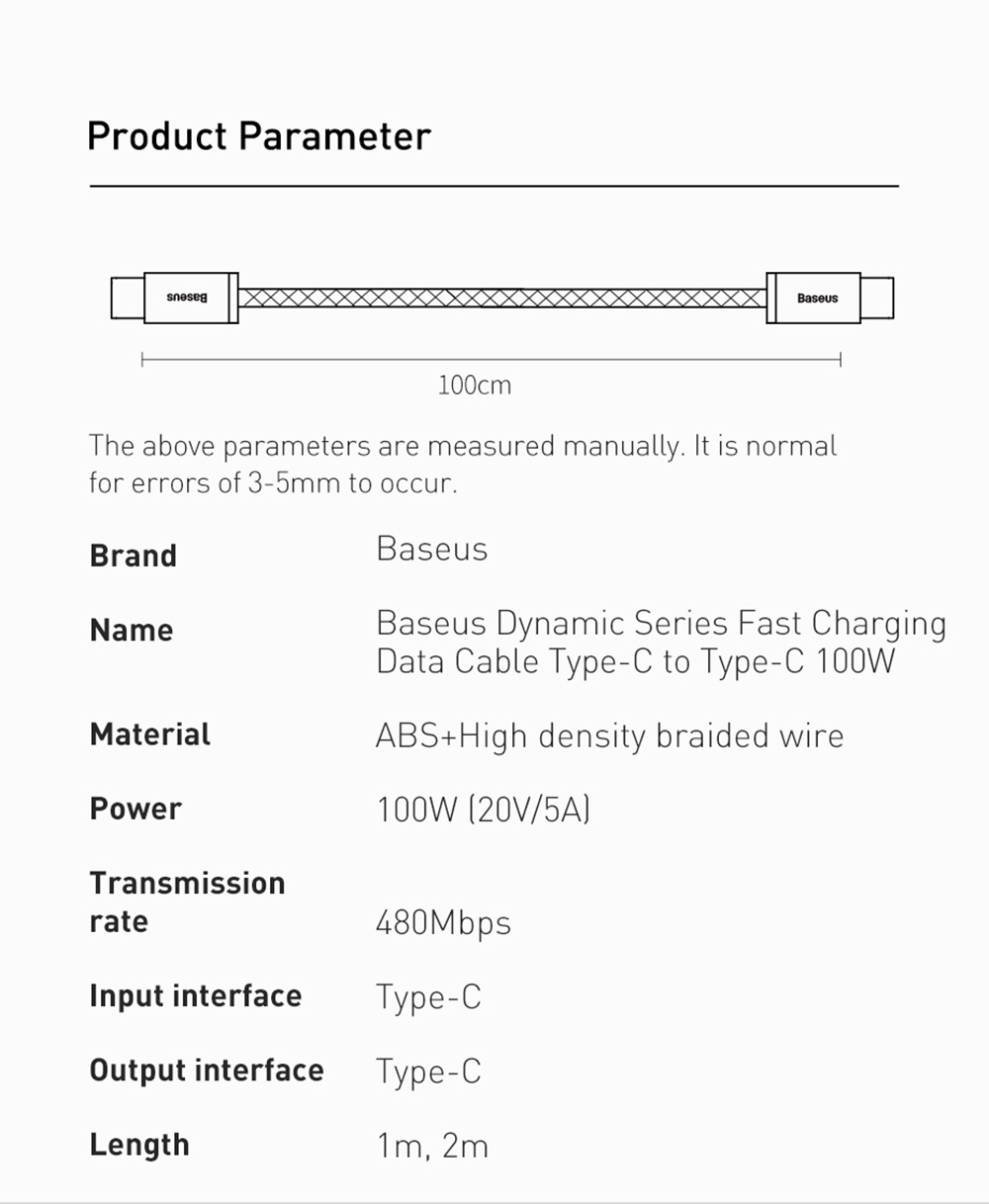 Baseus 100W 2m Quick Charge Cable, Type-C to Type-C Cable, PD Fast Charger Cord for Xiaomi Samsung Phone iPad - White