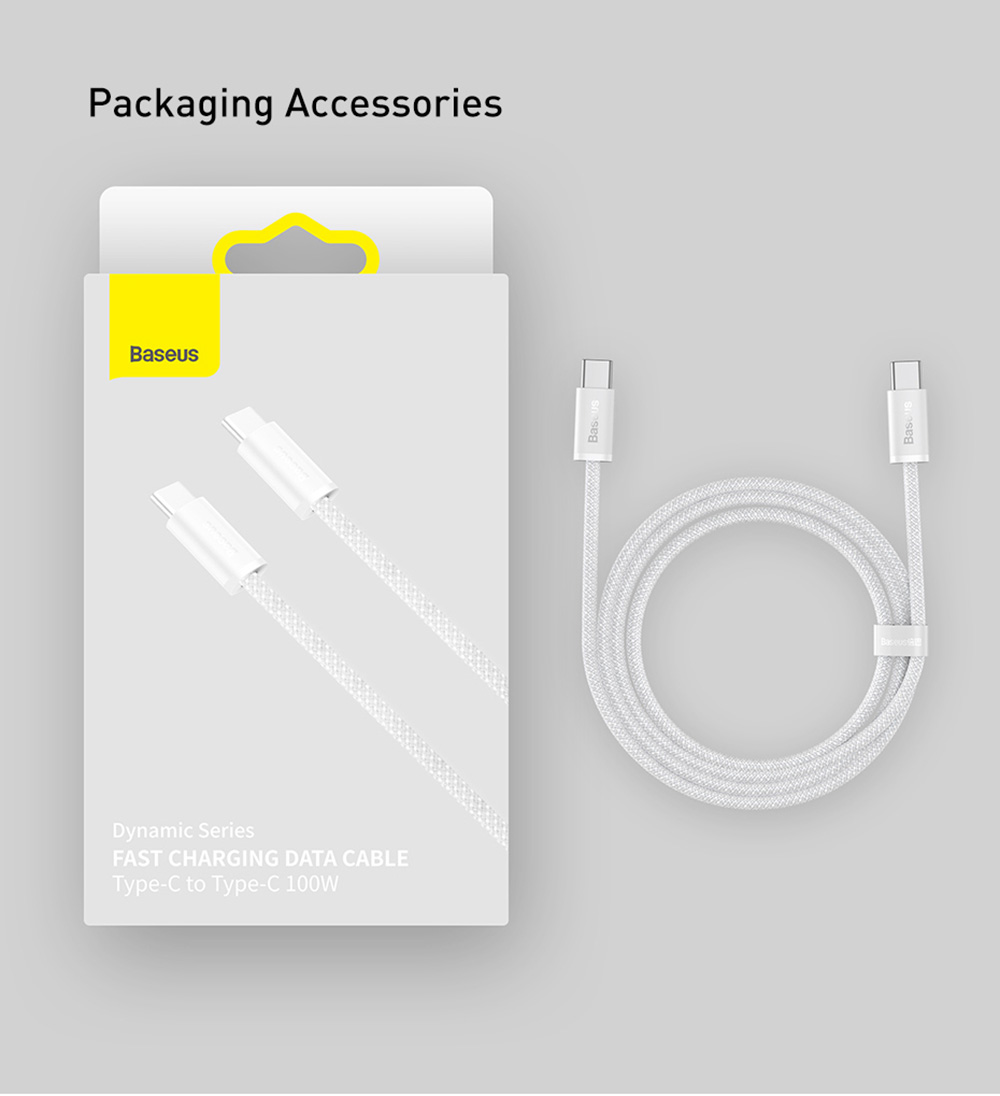 Baseus 100W 2m Quick Charge Cable, Type-C to Type-C Cable, PD Fast Charger Cord for Xiaomi Samsung Phone iPad - White