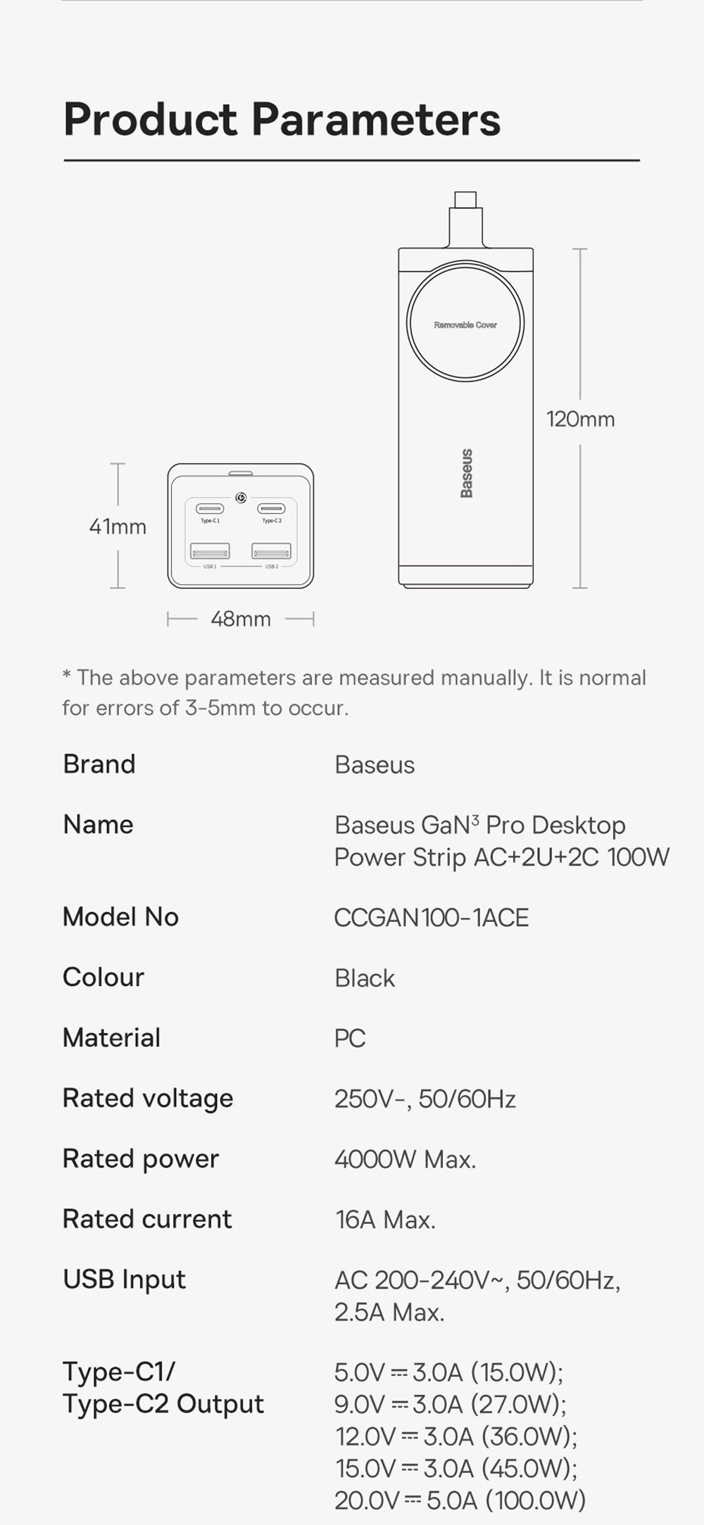 Baseus GaN 100W 5-Port Desktop Power Strip Charger, 2AC+2U+2C Quick Charge PD USB Type-C Fast Charging - EU Plug