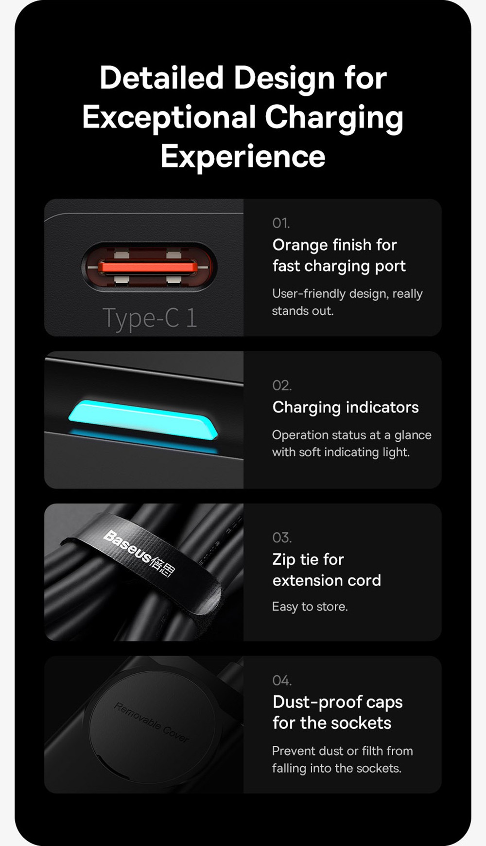 Baseus GaN 100W 5-Port Desktop Power Strip Charger, 2AC+2U+2C Quick Charge PD USB Type-C Fast Charging - US Plug