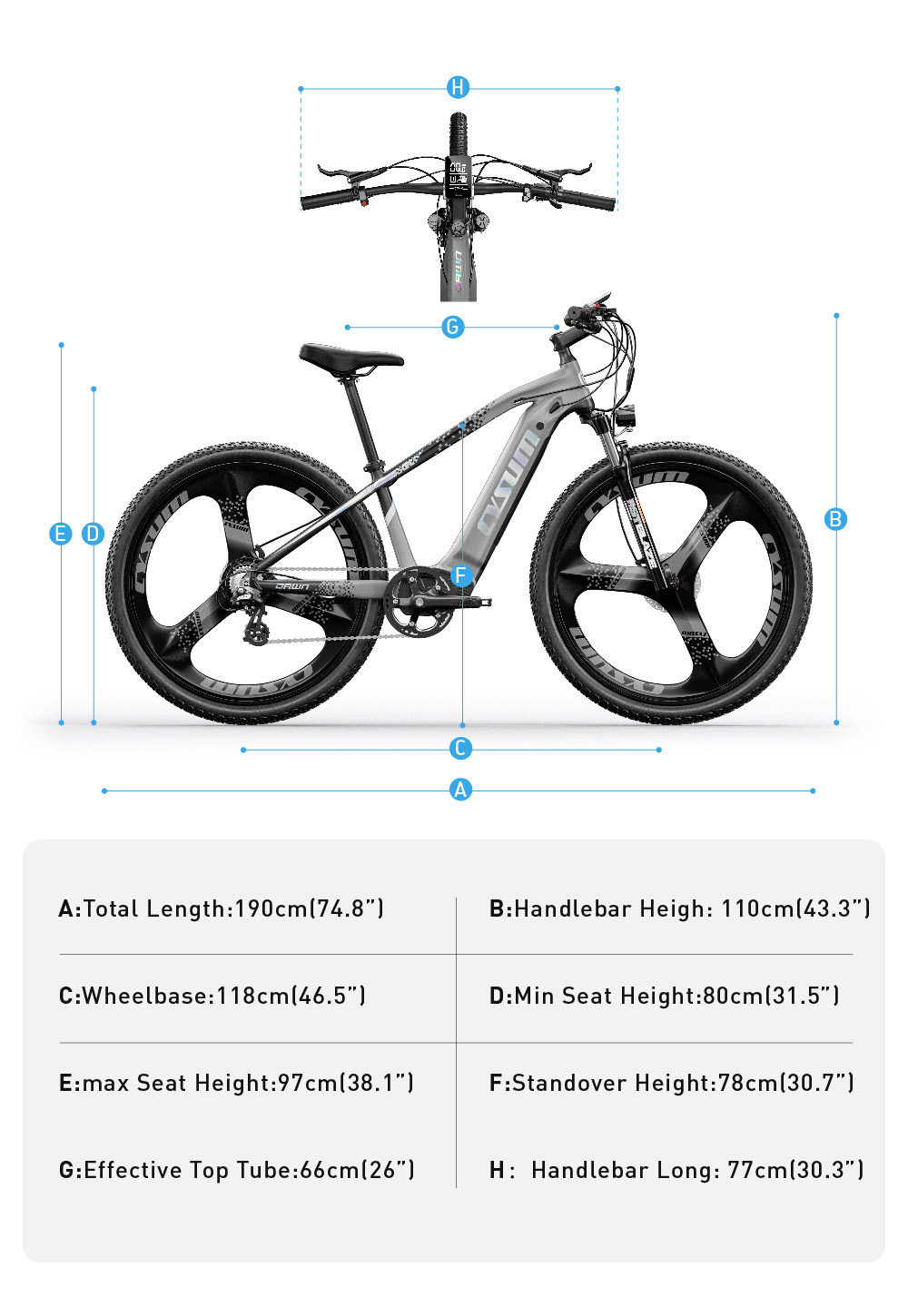 CYSUM CM520 29 inch Electric Bike 48V 500W Brushless Motor 14Ah Removable Battery for 50-70 Range - Grey