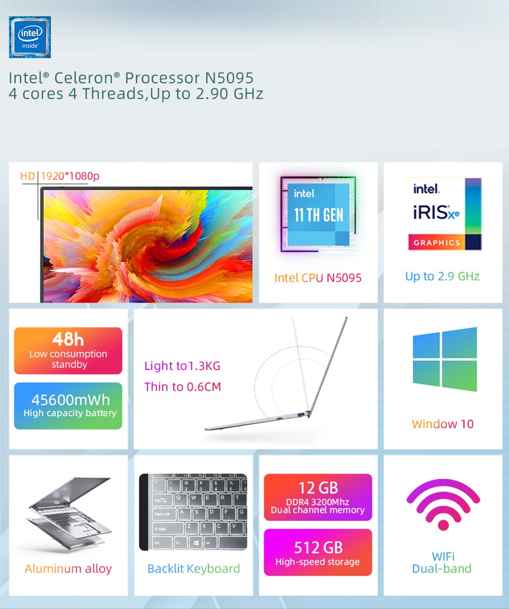 Daysky V14S Ordinateur portable 14.1 pouces Intel Celeron N5095 12 Go LPDDR4 256G SSD 1080P FHD avec rétroéclairage Windows 10 - Argent