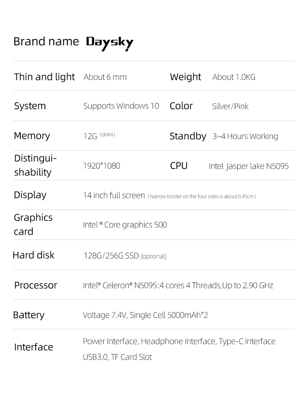 Daysky V14S Ordinateur portable 14.1 pouces Intel Celeron N5095 12 Go LPDDR4 256G SSD 1080P FHD avec rétroéclairage Windows 10 - Argent