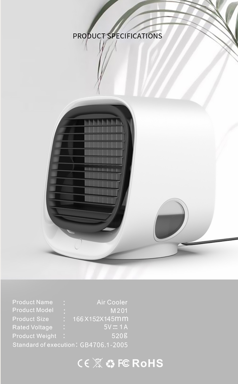 Desktop Mini Air Cooler, 3 Levels Speed, Home Air Conditioner Fan, Portable Cooling Fan, Low Noise, Night Light - White