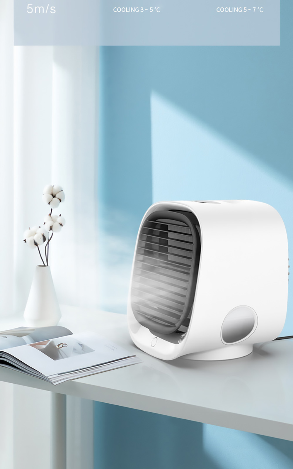 Desktop Mini Air Cooler, 3 Levels Speed, Home Air Conditioner Fan, Portable Cooling Fan, Low Noise, Night Light - White