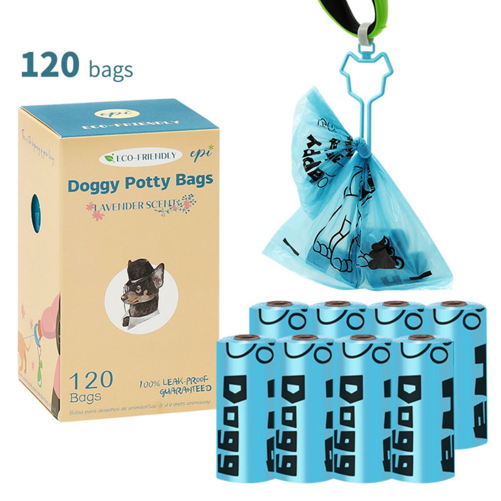 Pet Garbage Bag Thickened Dog Poop Bags with Hands-Free Clip, EPI Degradable Pet Waste Bags, 8 Rolls 120 Counts - Blue