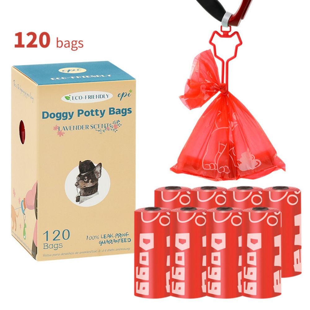 Pet Garbage Bag Thickened Dog Poop Bags with Hands-Free Clip, EPI Degradable Pet Waste Bags, 8 Rolls 120 Counts - Red