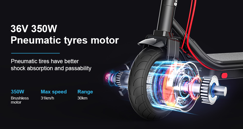 Electric Scooter 10'' Tire 350W Brushless Motor 10Ah Battery 30-40km Range 125kg Load 3 Speeds