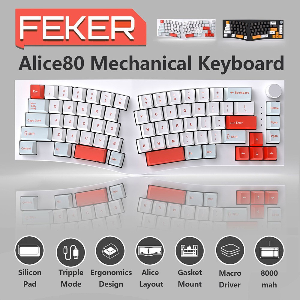 FEKER Alice80 68-key 65% Gasket Hot Swappable Split Wired/Wireless Mechanical Keyboard with FEKER Switch - White