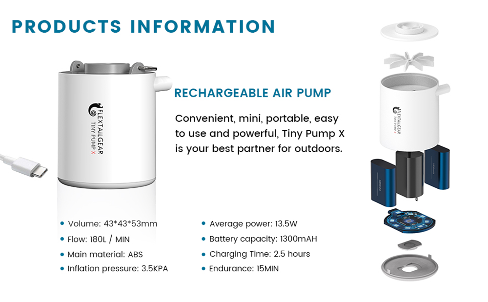 FLEXTAILGEAR Tiny Pump X 3 in 1 Air Pump, Air Compressor with LED Light Portable - White