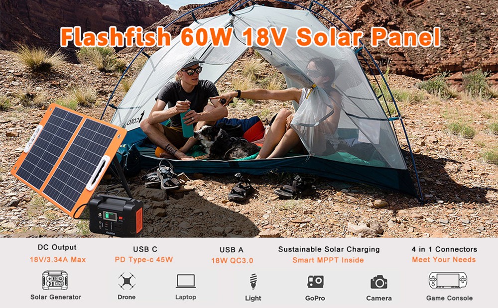 Flashfish TSP18V 60W skladací solárny panel, prenosná solárna nabíjačka s DC výstupmi, 2 USB výstupy