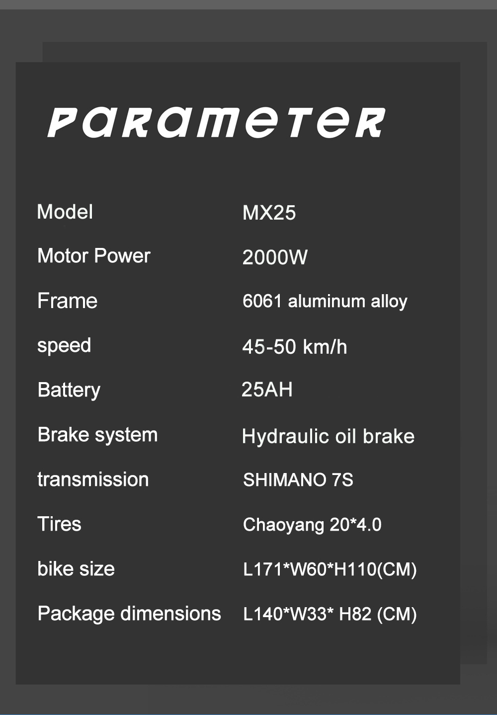 GUNAI MX25 48V 25Ah 2000W 20X4.0 inch Electric Bicycle Oil Brakes 50-60KM Mileage 200KG Payload EBike Black