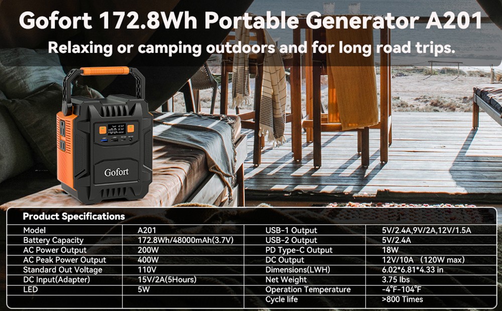 Gofort A201 200W Portable Power Station, 48000mAh/172.8Wh Solar Generator, Emergency Backup Power, 110V AC Outlets - US Plug