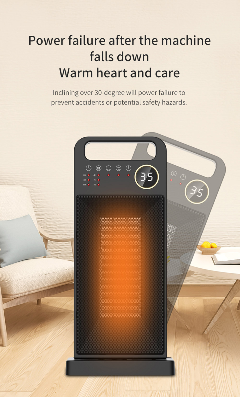 HQ-YND-2000D 2000W Desktop Vertical Electric Heater, PTC Ceramic Space Heater, 60 Degree Rotating, Remote Control - EU Plug