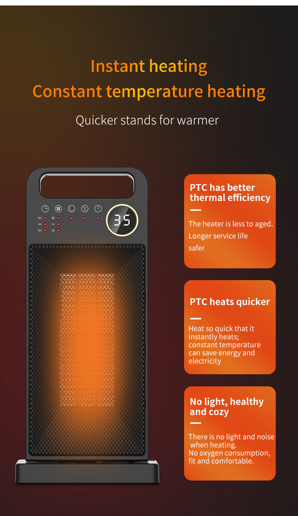 HQ-YND-2000D 2000W Desktop Vertical Electric Heater, PTC Ceramic Space Heater, 60 Degree Rotating, Remote Control - UK Plug