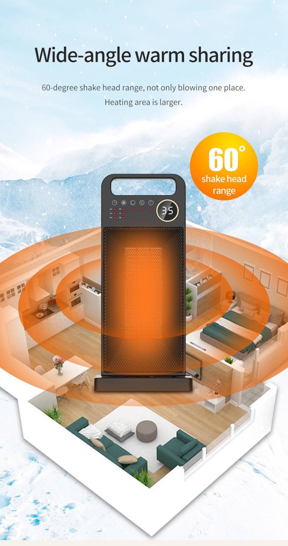 HQ-YND-2000D 2000W Desktop Vertical Electric Heater, PTC Ceramic Space Heater, 60 Degree Rotating, Remote Control - UK Plug