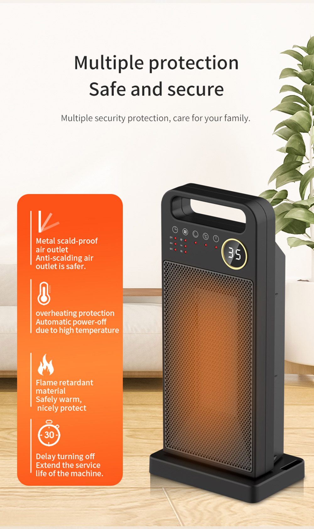 HQ-YND-2000D 2000W Desktop Vertical Electric Heater, PTC Ceramic Space Heater, 60 Degree Rotating, Remote Control - UK Plug