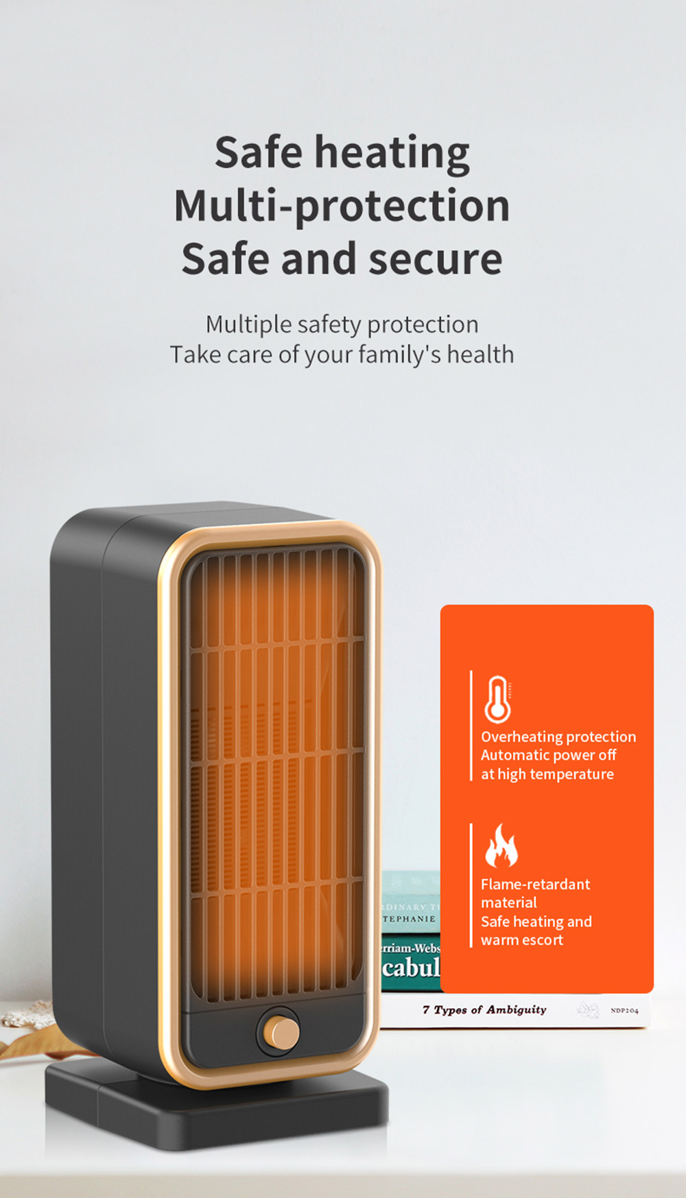 HQ-YND-500D 500W Vertical Household Electric Heater, PTC Ceramic Flame Retardant Portable Space Heater - EU Plug