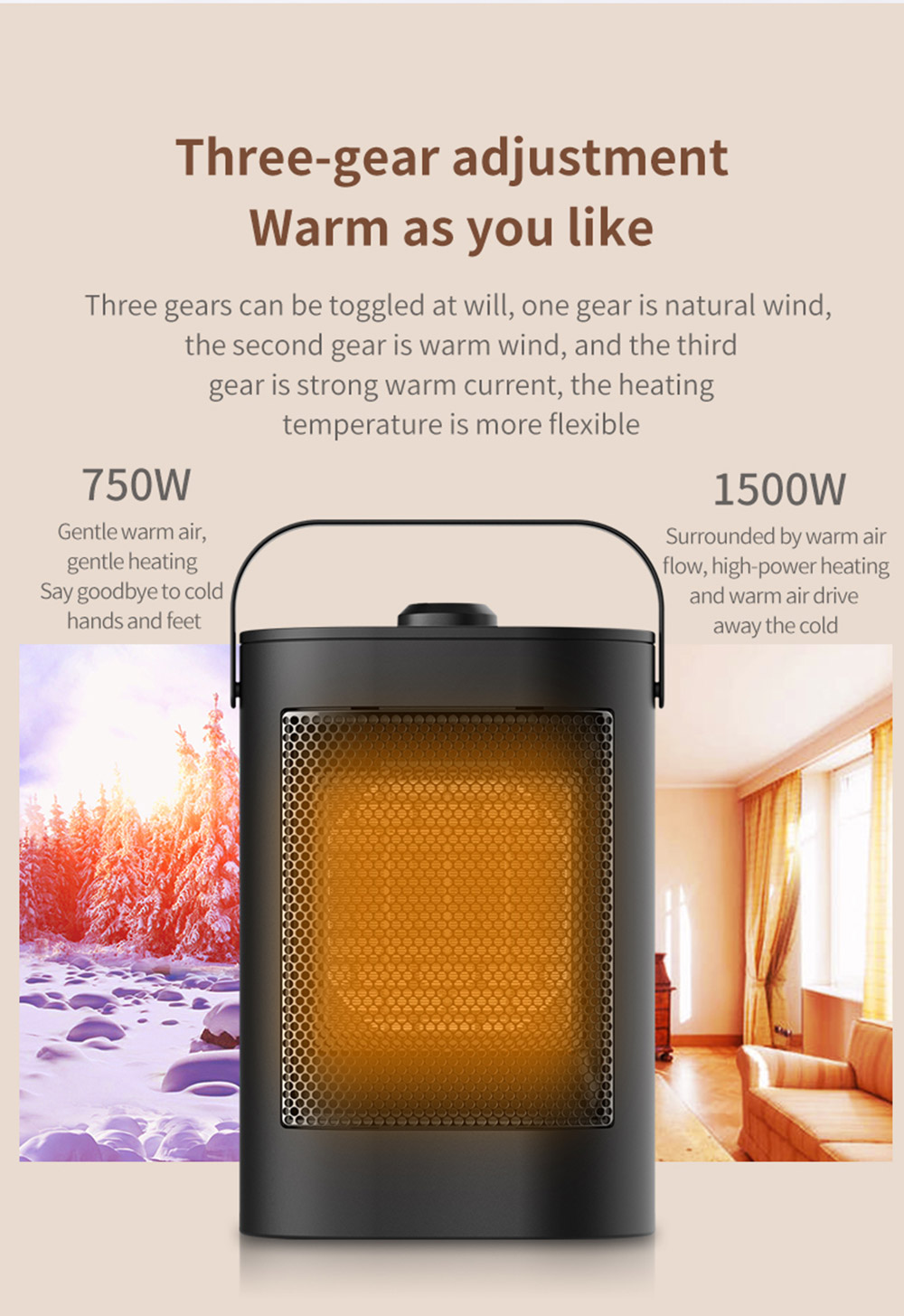 HQ-YND-900D 1500W Portable Vertical Mini Electric Heater, PTC Ceramic Flame Retardant Space Heater, 3-Gear Adjustment - US Plug