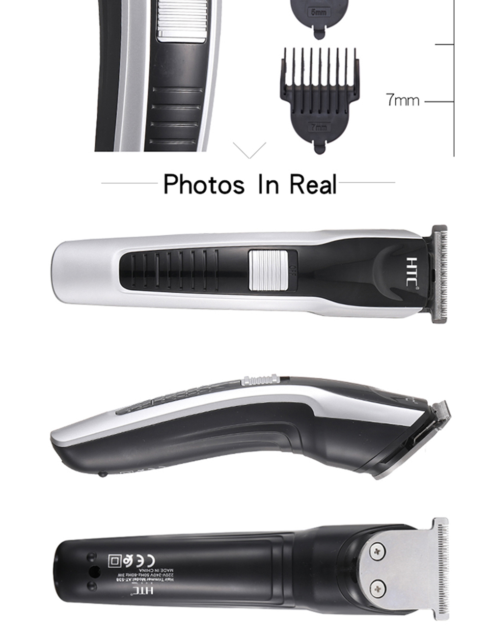 HTC AT-538 Household Electric Hair Clipper with 4 Limit Combs, Professional Rechargeable Hair Trimmer, 45min Run Time