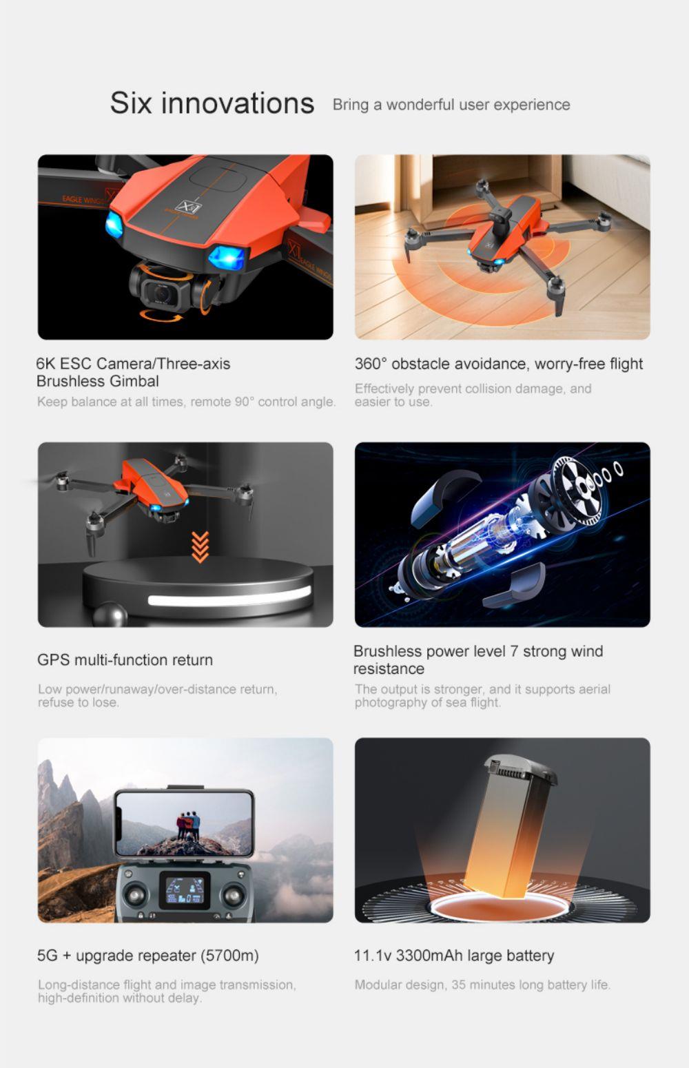 JJRC X22 GPS 5G WiFi FPV RC Drone 1080P HD Camera 3-Axis Gimbal Black & Orange - Three Batteries