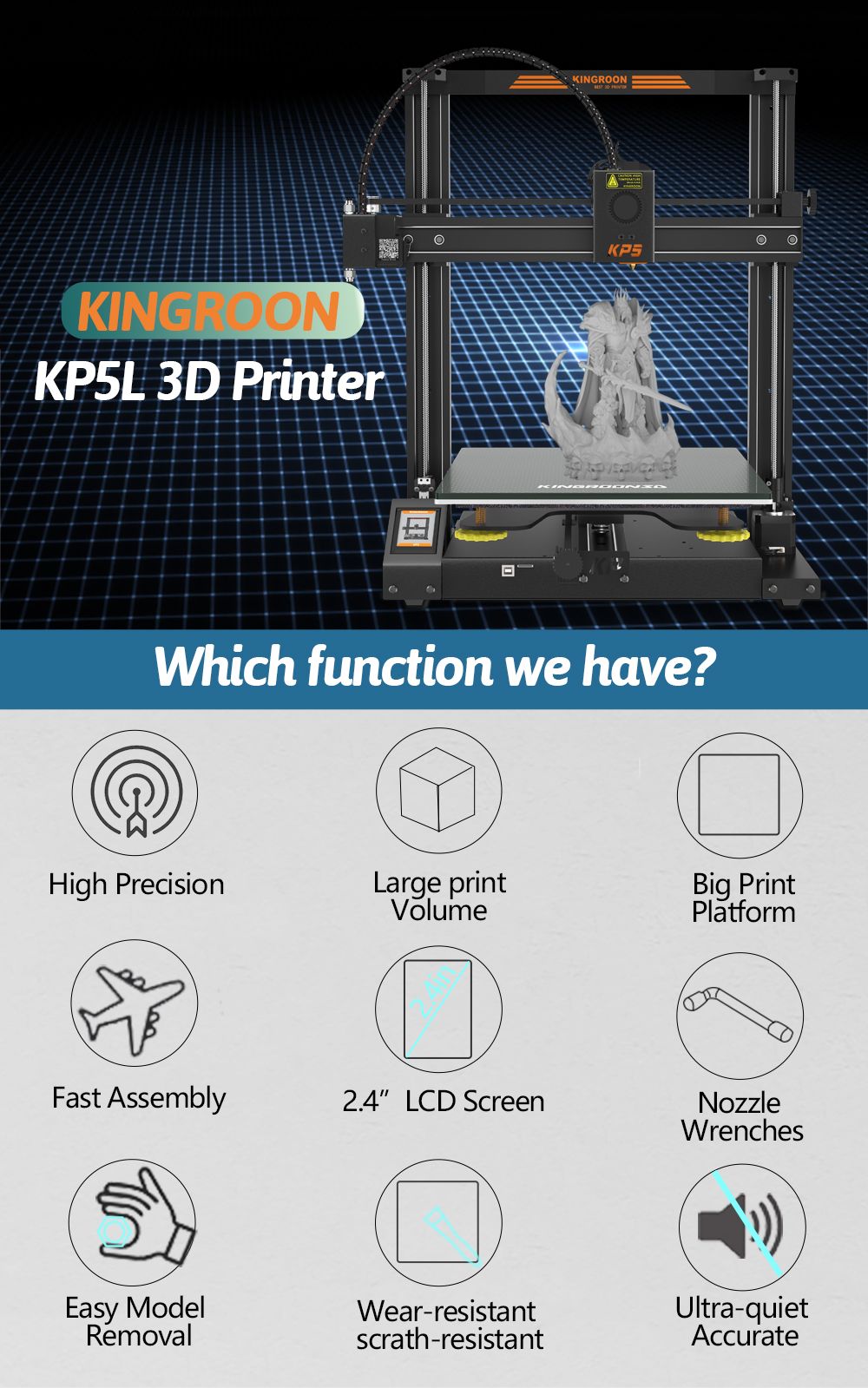 Kingroon KP5L 3D Printer, Titan Extruder, Dual-axis Linear Guide Rails, TMC2225 32-bit Silent Mainboard, Easy Assembly, Filament Detection Sensor, 300x300x330mm