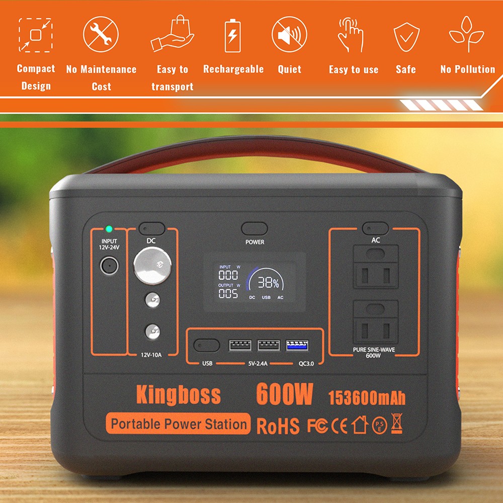 Kingboss 600W Portable Power Station, 568WH 153600mAh Outdoor Solar Generator with QC3.0/AC/USB DC/USB-C Output - Orange