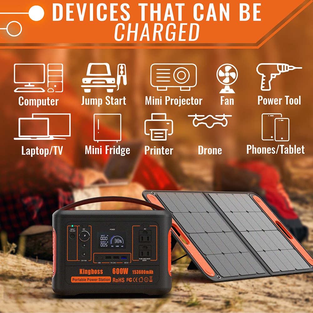 Kingboss 600W Portable Power Station, 568WH 153600mAh Outdoor Solar Generator with QC3.0/AC/USB DC/USB-C Output - Orange