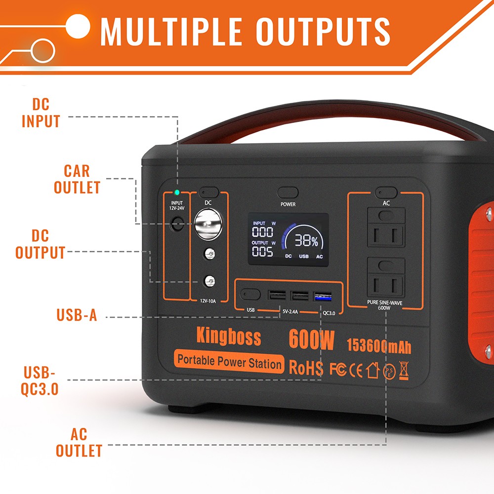 Kingboss 600W Portable Power Station, 568WH 153600mAh Outdoor Solar Generator with QC3.0/AC/USB DC/USB-C Output - Orange