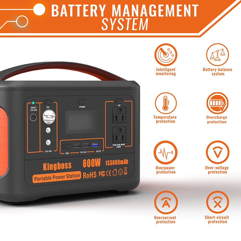 Kingboss 600W Portable Power Station, 568WH 153600mAh Outdoor Solar Generator with QC3.0/AC/USB DC/USB-C Output - Orange