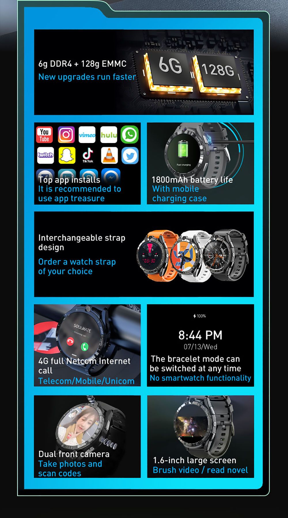 LEMFO LEM16 Smartwatch for Men 4G LTE Watch GPS 6+128GB Memery 1.6'' Screen Android 11 with 900mAh Power Back